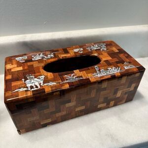 Handmade Herringbone Solid Wood Tissue Box with Inlaid Mother of Pearl Brown OS